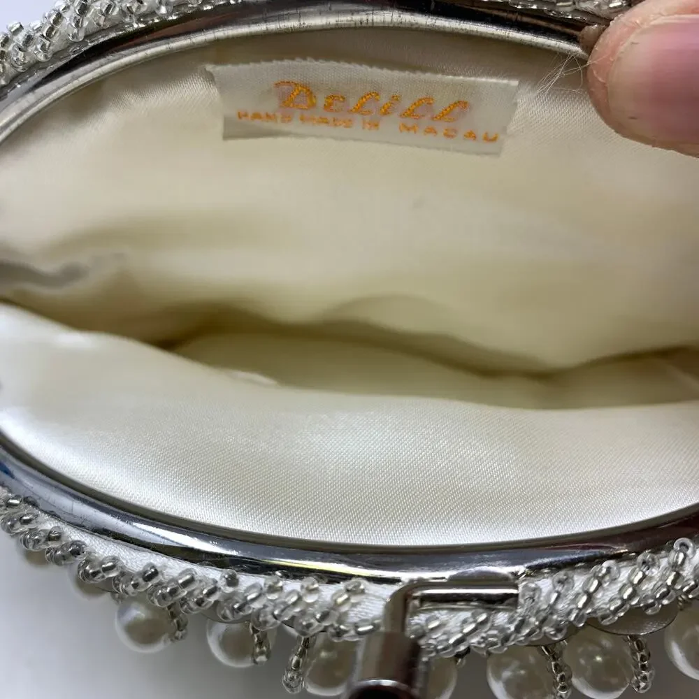 Vintage DeLill Faux Pearl Beaded Evening Bag White Bridal Clutch Chain Purse